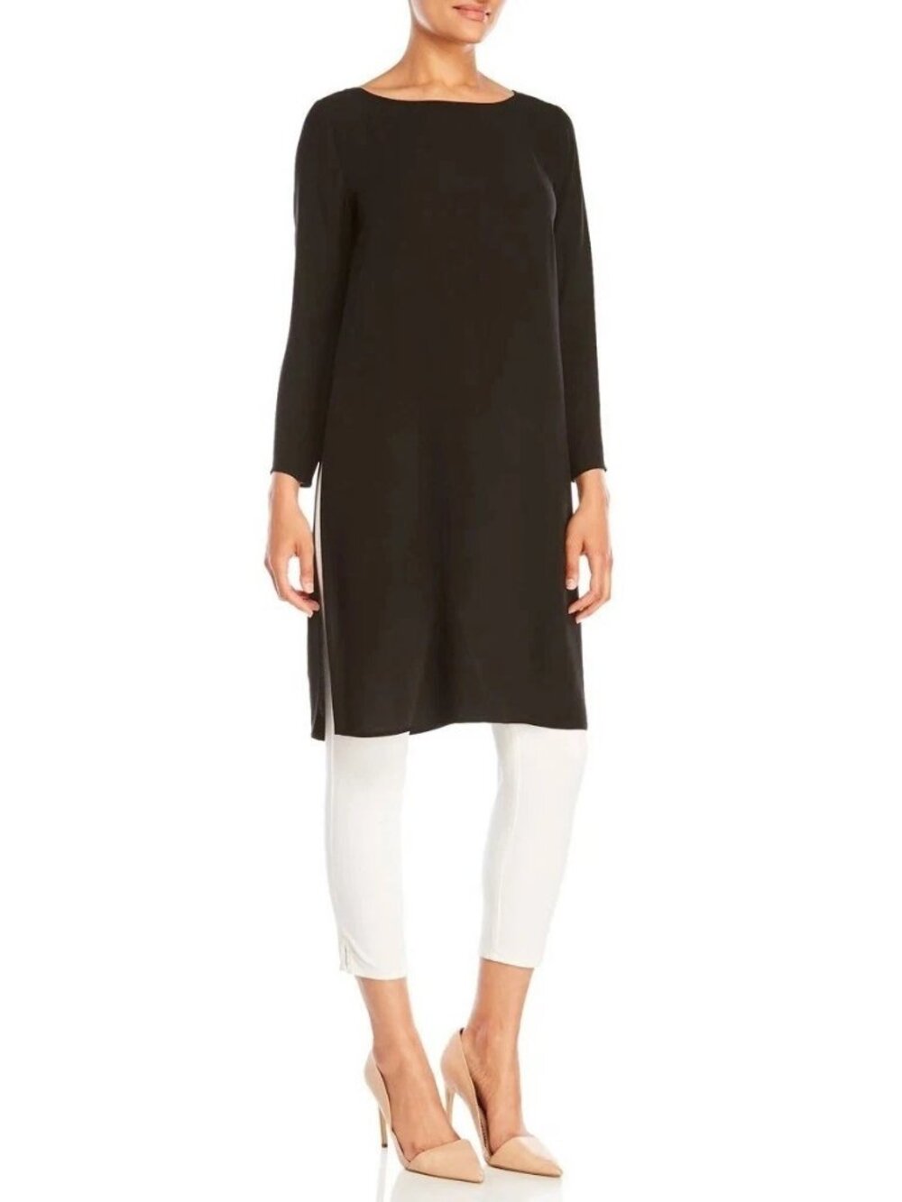 Eileen Fisher Black Silk Georgette Long Sleeve Split Hem Relaxed Tunic Size XL